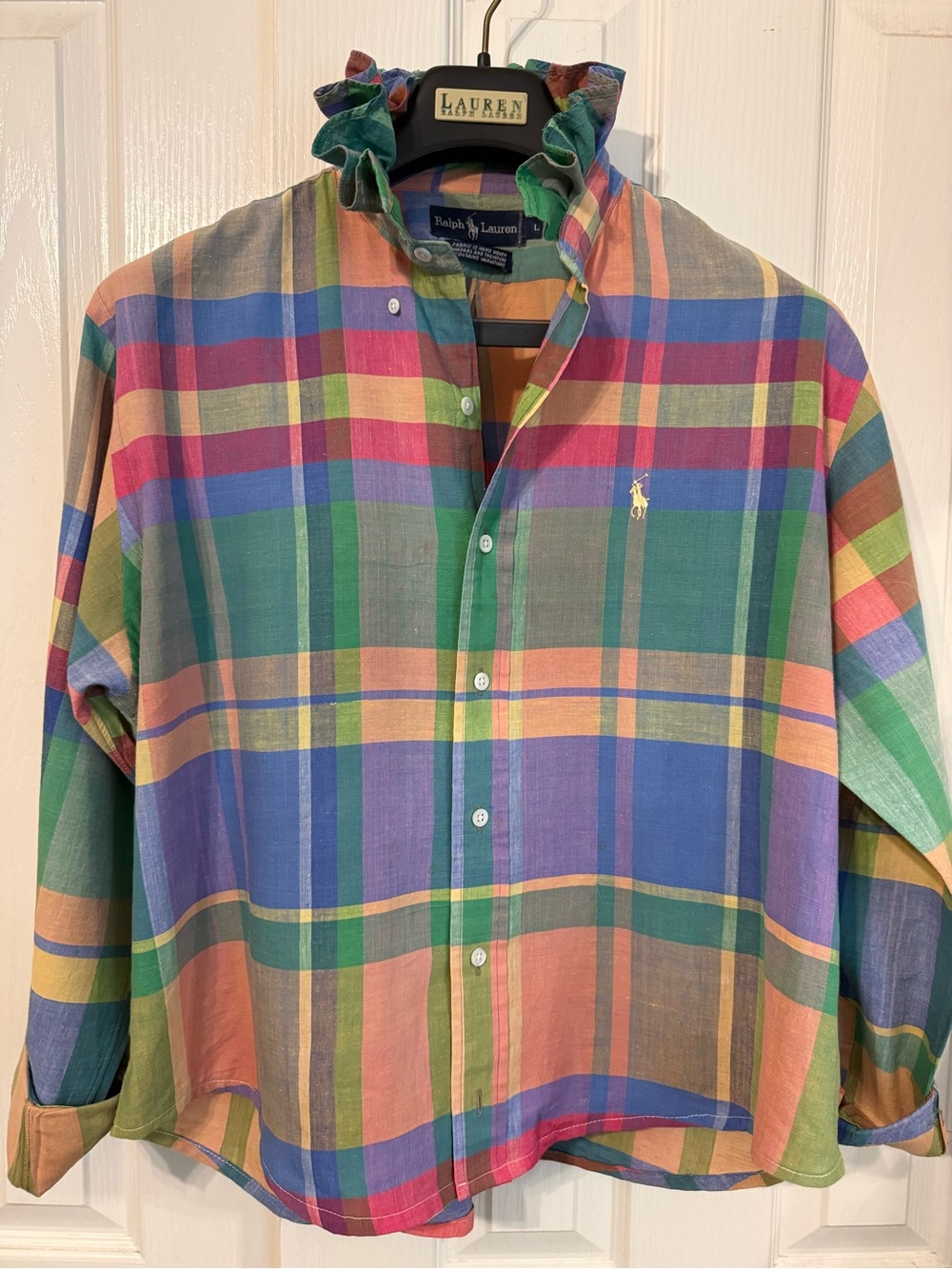 Ralph Lauren Ruffle Collar Pastel Multi-Color Plaid Button-Down Shirt - Picture 9 of 9